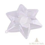 Étoile décorative en plastique translucide à facettes, vue de profil, anneau de suspension visible