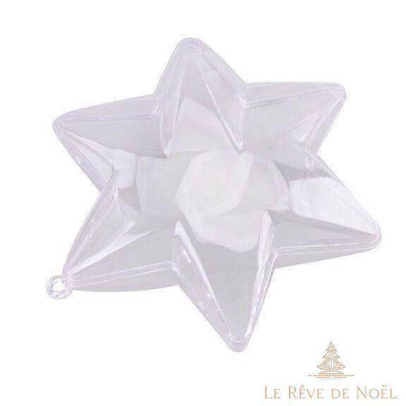 Étoile décorative en plastique translucide à facettes, vue de profil, anneau de suspension visible