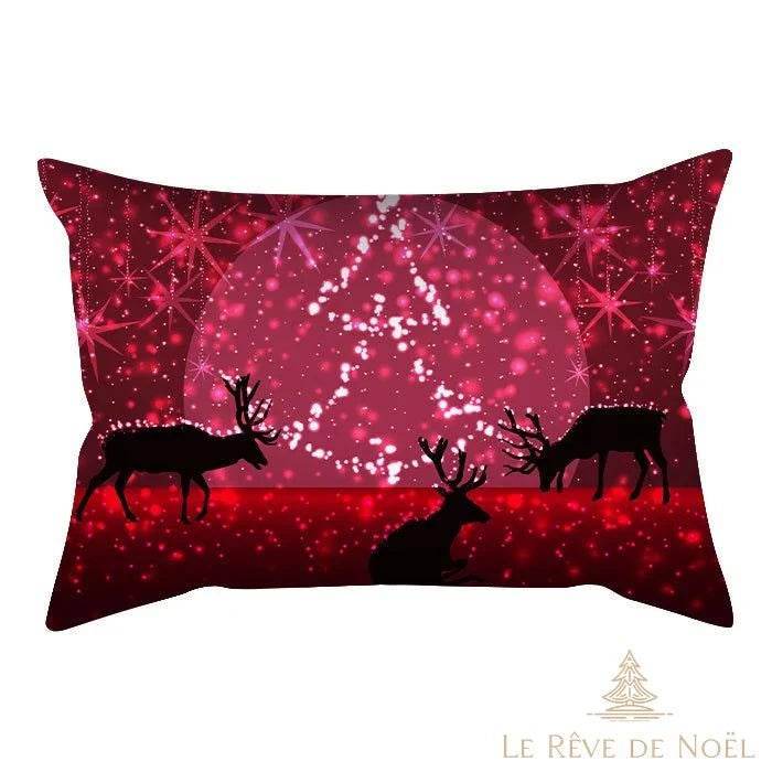 Housse de coussin à silhouettes noires de rennes sur fond rouge étoilé scintillant
