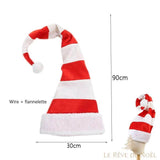 Bonnet de Noël long à rayures rouges et blanches, pointe recourbée, 90 cm de haut