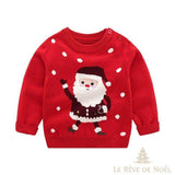 Pull de Noël enfant rouge avec un Père Noël dansant brodé, entouré de pois blancs