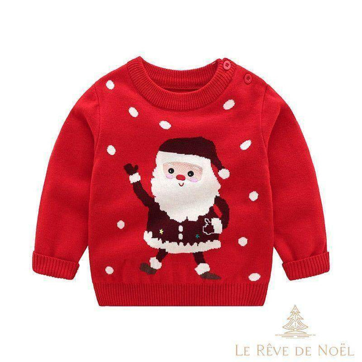 Pull de Noël enfant rouge avec un Père Noël dansant brodé, entouré de pois blancs
