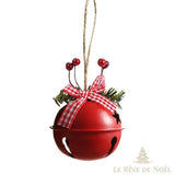 Grelot de Noël rouge à motif étoile ajouré, nœud à carreaux et brin de sapin