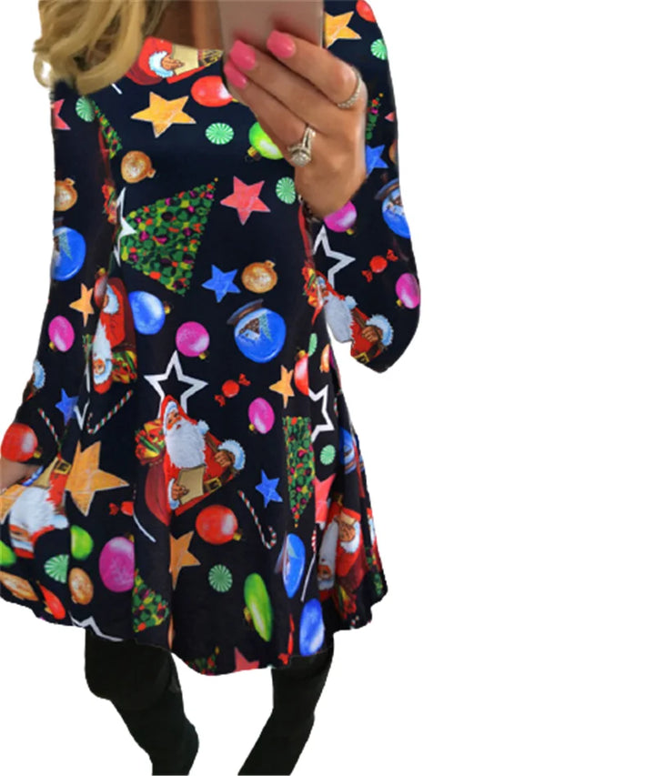 Robe de Noël moche bleu marine à motif de boules de Noël colorées, détourée sur fond blanc