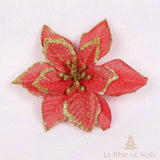 Fleur décorative rouge pailletée à bords dorés et étamines pailletées, pour couronne de Noël