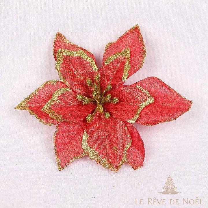 Fleur décorative rouge pailletée à bords dorés et étamines pailletées, pour couronne de Noël
