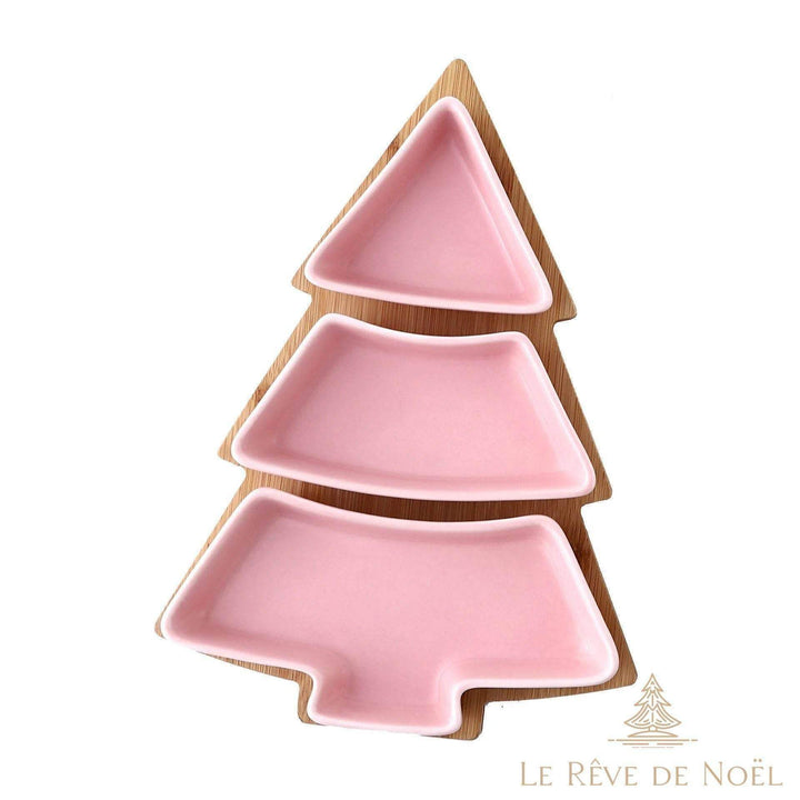 Plateau de présentation en forme de sapin, variante Rose, 3 compartiments en céramique rose