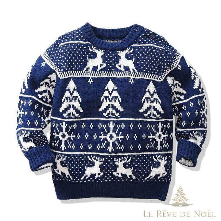 Pull enfant bleu marine à motif jacquard blanc : rennes, sapins et flocons, vue à plat de face