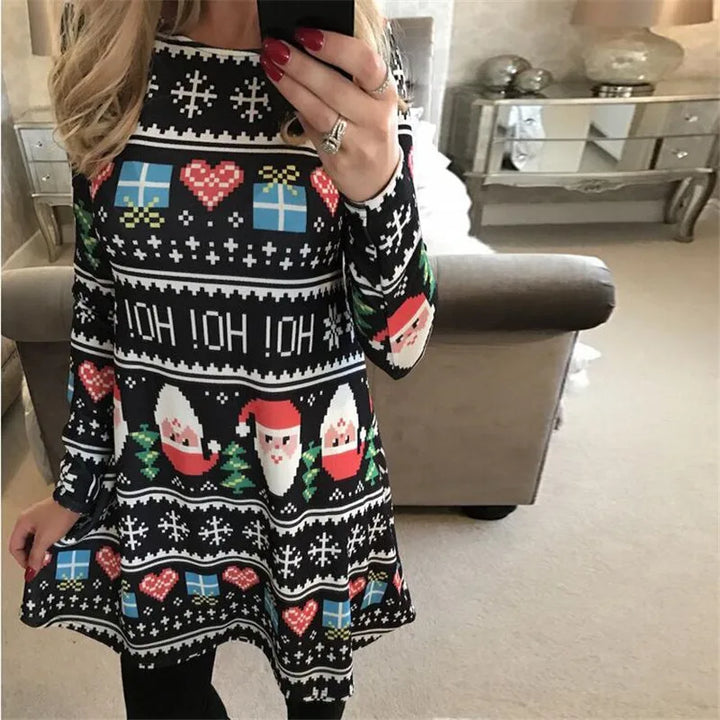 Robe de Noël moche noire façon pull jacquard « OH OH OH », visages de Père Noël et cadeaux