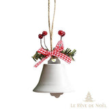 Cloche de Noël blanche en métal, nœud à carreaux rouges et blancs, brin de sapin