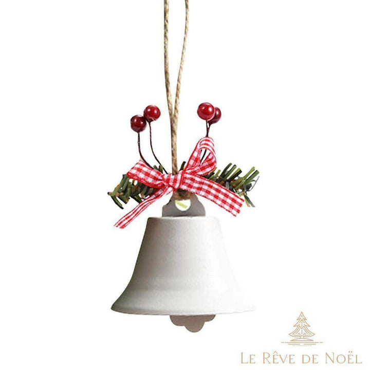 Cloche de Noël blanche en métal, nœud à carreaux rouges et blancs, brin de sapin