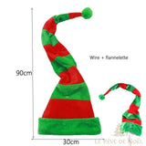 Bonnet de Noël long à rayures vertes et rouges, pointe recourbée, 90 cm de haut