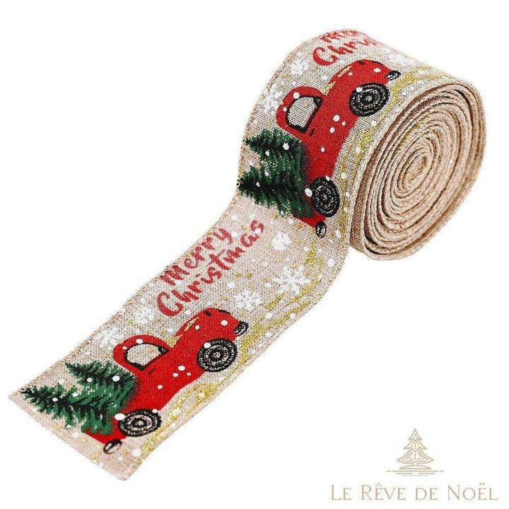 Ruban coloris Or au ton beige naturel, motif camion rouge et sapin, roulé