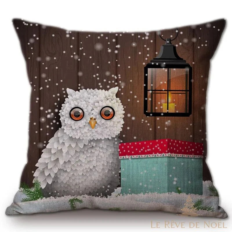 Housse de coussin hibou neige