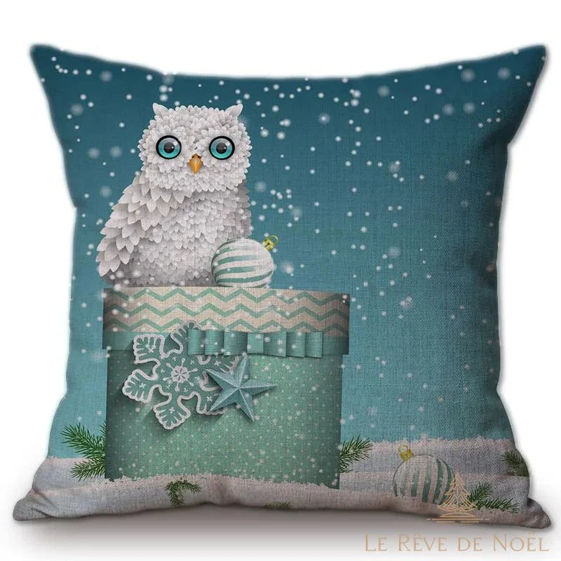 Housse de coussin hibou neige