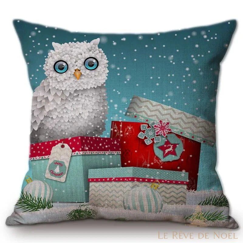 Housse de coussin hibou neige