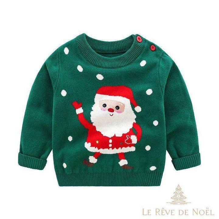 Pull de Noël enfant vert avec un Père Noël dansant brodé, entouré de pois blancs