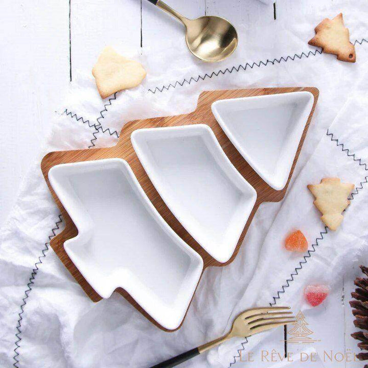 Plateau de présentation en forme de sapin, 3 compartiments blancs, biscuits et couverts dorés autour