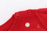 Gros plan sur les boutons rouges à l'épaule du pull de Noël enfant rouge à pois blancs
