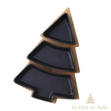Plateau de présentation en forme de sapin, variante Noir, 3 compartiments en céramique noire