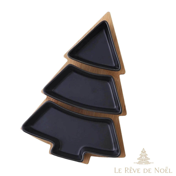 Plateau de présentation en forme de sapin, variante Noir, 3 compartiments en céramique noire