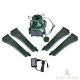 Pied de sapin rotatif démonté : socle moteur, quatre branches détachables, pédale et adaptateur