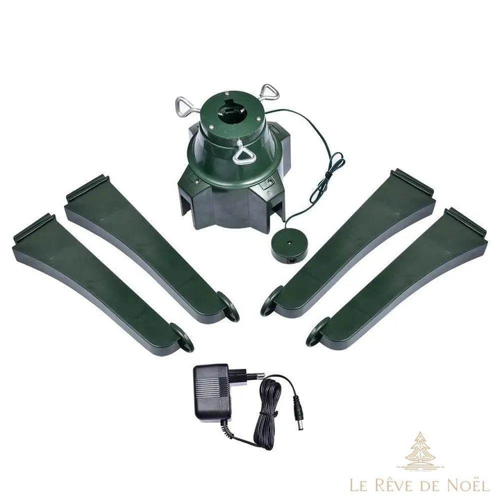 Pied de sapin rotatif démonté : socle moteur, quatre branches détachables, pédale et adaptateur