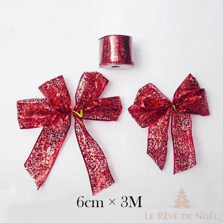 Bobine de ruban rouge pailleté et deux nœuds tout faits assortis, largeur 6 cm sur 3 mètres