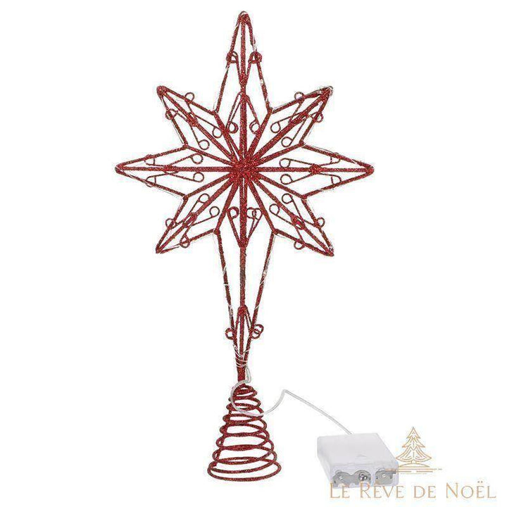 Cimier étoile à 8 branches rouge pailleté, spirale conique et boîtier à piles, fond blanc