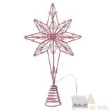 Cimier étoile à 8 branches rose pailleté, spirale conique et boîtier à piles, fond blanc