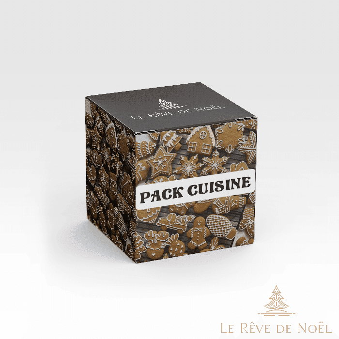 Boîte cadeau cubique à motif biscuits pain d'épice, bandeau Pack Cuisine
