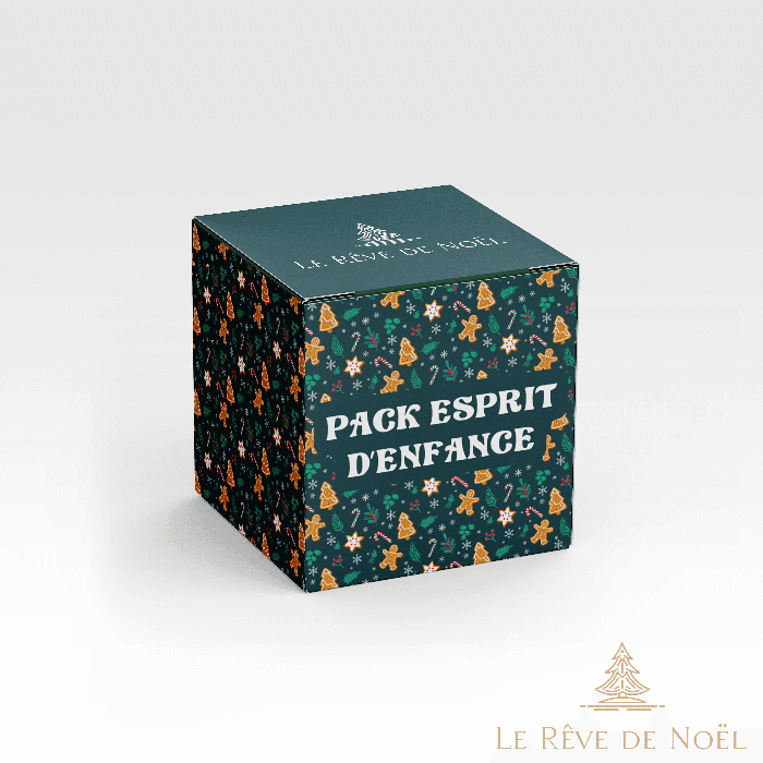 Boîte cadeau vert foncé à bonhommes en pain d'épice, bandeau Pack Esprit d'Enfance