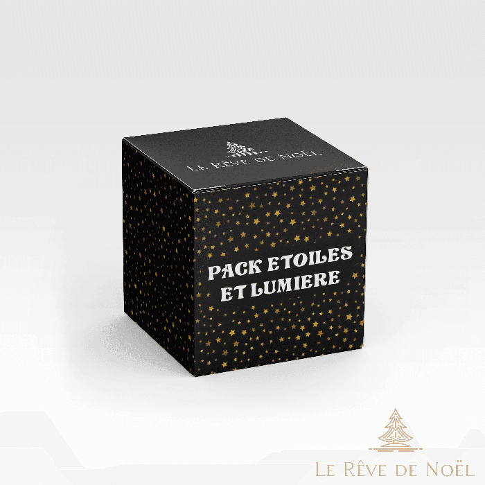 Boîte cadeau noire semée d'étoiles dorées, bandeau Pack Étoiles et Lumière