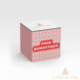 Boîte cadeau blanche semée de petits cœurs rouges, bandeau Pack Romantique