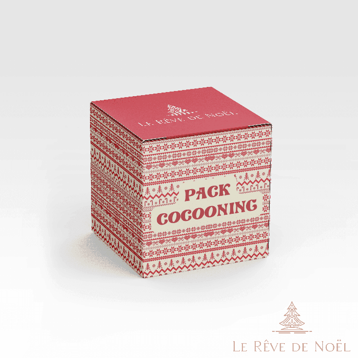 Boîte cadeau cubique à motifs nordiques rouge et écru, avec le texte Pack Cocooning imprimé