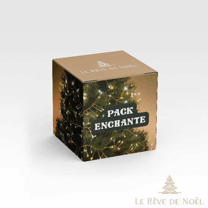 Boîte cadeau beige illustrée d'un sapin illuminé, bandeau Pack Enchanté