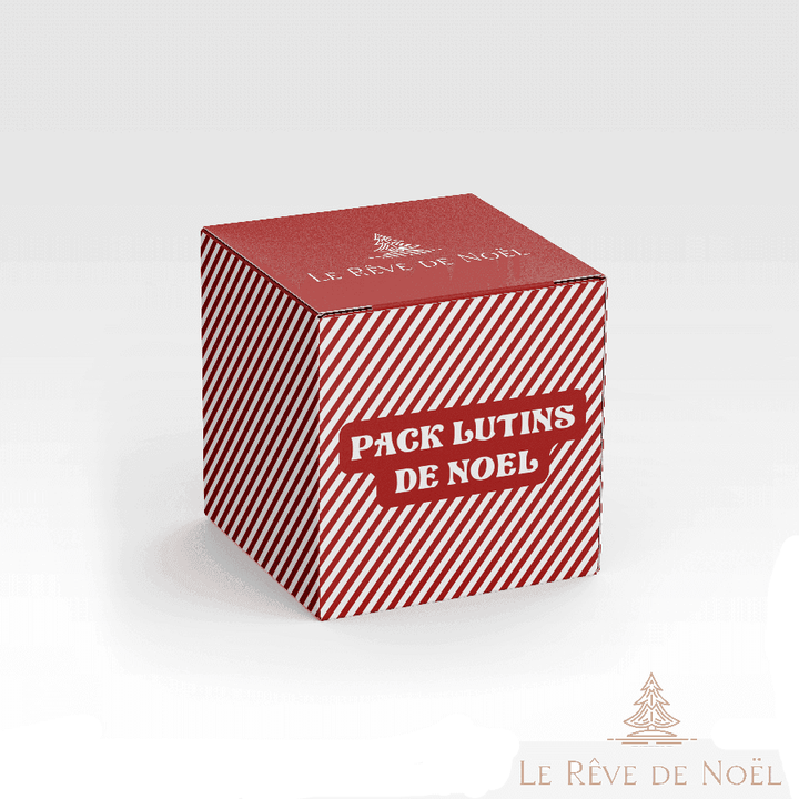 Boîte cadeau à rayures rouges et blanches, bandeau Pack Lutins de Noël