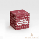 Boîte cadeau bordeaux à motif rennes et flocons façon jacquard, bandeau Pack Tradition