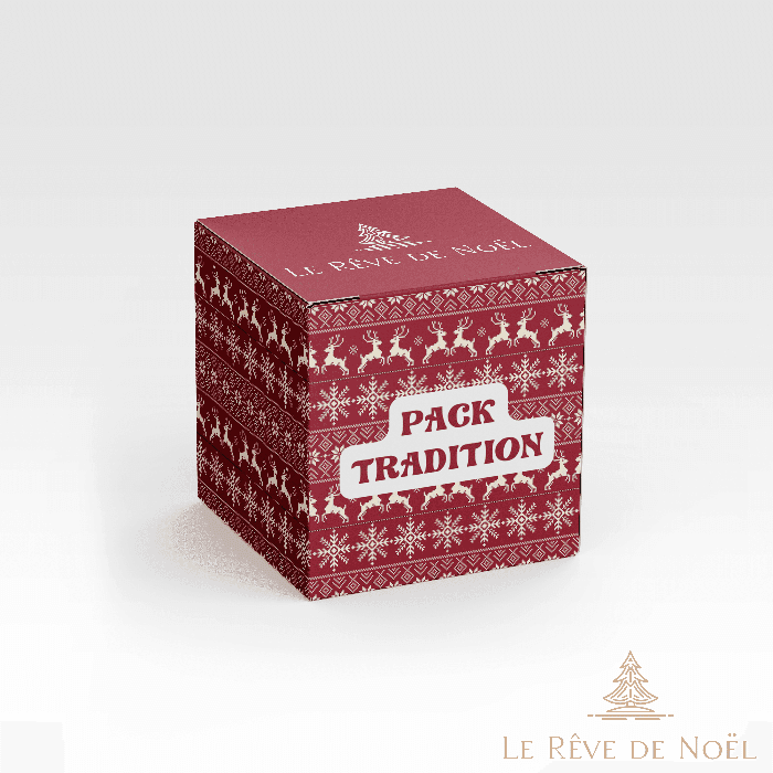 Boîte cadeau bordeaux à motif rennes et flocons façon jacquard, bandeau Pack Tradition