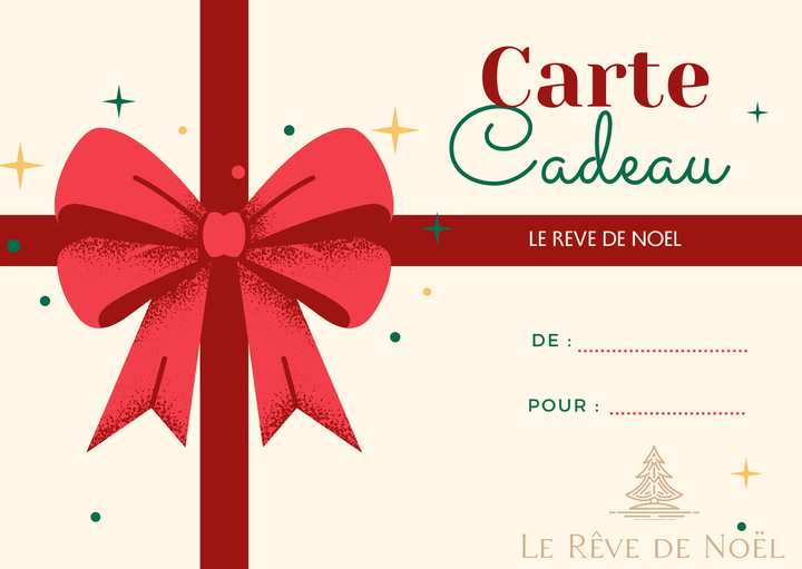 Carte-cadeau numérique ornée d'un gros nœud rouge, avec champs à remplir « de » et « pour »
