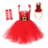 Robe tutu de Noël rouge avec serre-tête sapin et jambières rayées rouge et blanc