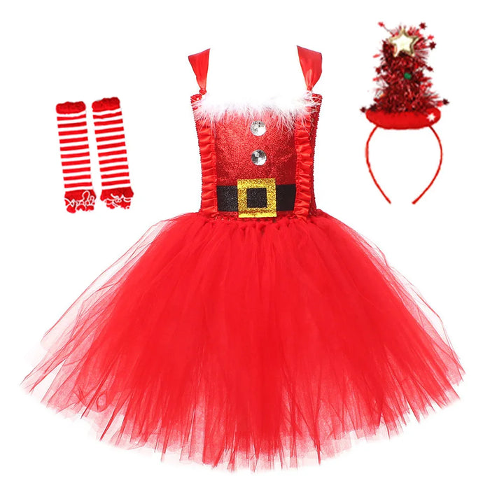 Robe tutu de Noël rouge avec serre-tête sapin et jambières rayées rouge et blanc