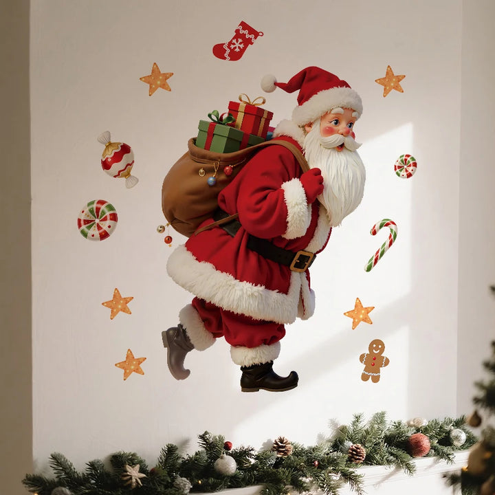 Stickers Père Noël sur un mur blanc, guirlande de sapin et rayon de soleil en bas de l'image