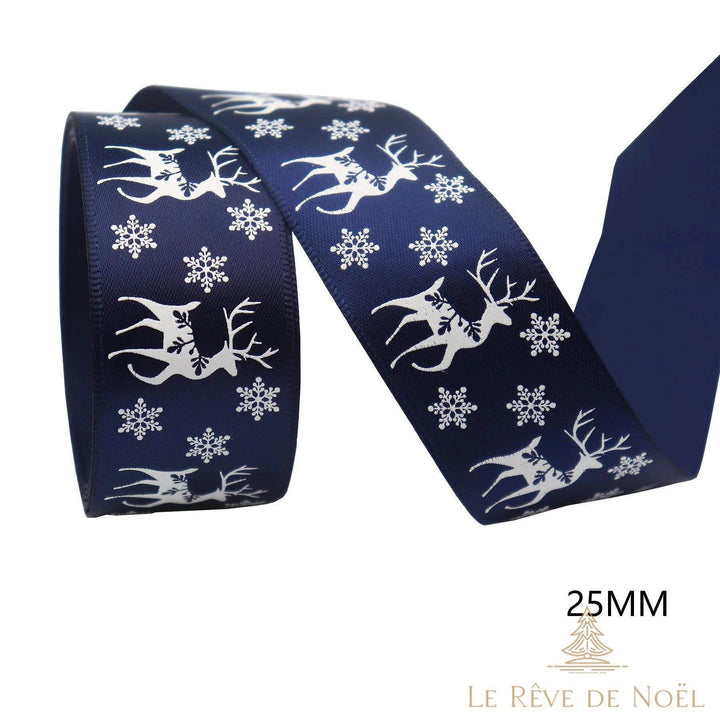 Ruban satin bleu marine à silhouettes de rennes blancs et flocons, largeur 25 mm