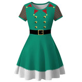 Robe de Noël verte à manches courtes, ceinture noire imprimée et étoiles dorées, ourlet blanc