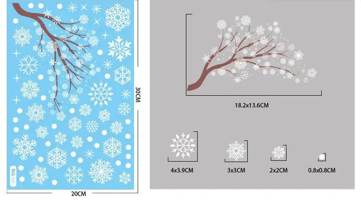 Schéma des dimensions : sticker branche d'arbre enneigée et flocons, planche 20 x 30 cm