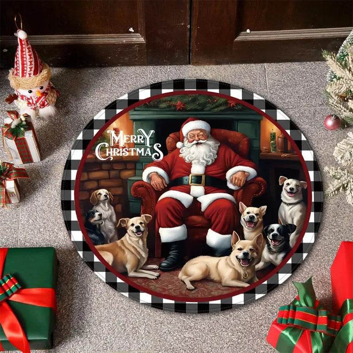 Tapis rond, Père Noël assis en fauteuil entouré de chiens, bordure à carreaux noir et blanc