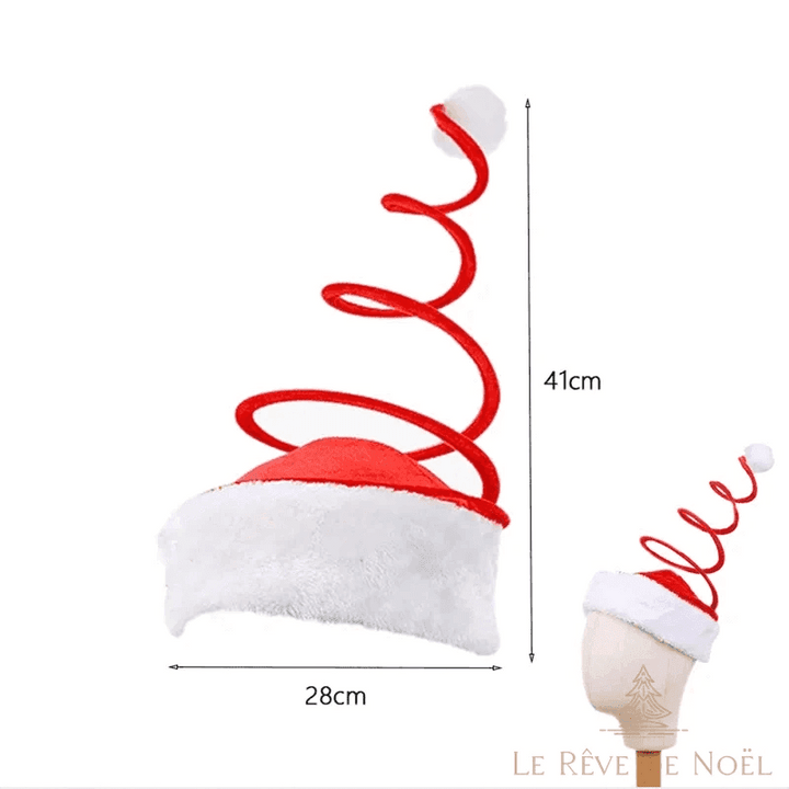 Bonnet de Noël blanc surmonté d'une longue spirale rouge à pompon, 41 cm de haut