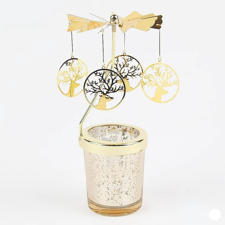 Bougeoir carrousel doré à médaillons ronds tête de renne suspendus, photophore effet mercure