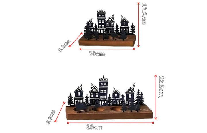 Schéma des dimensions du bougeoir maison de Noël : versions 20 cm et 26 cm de long